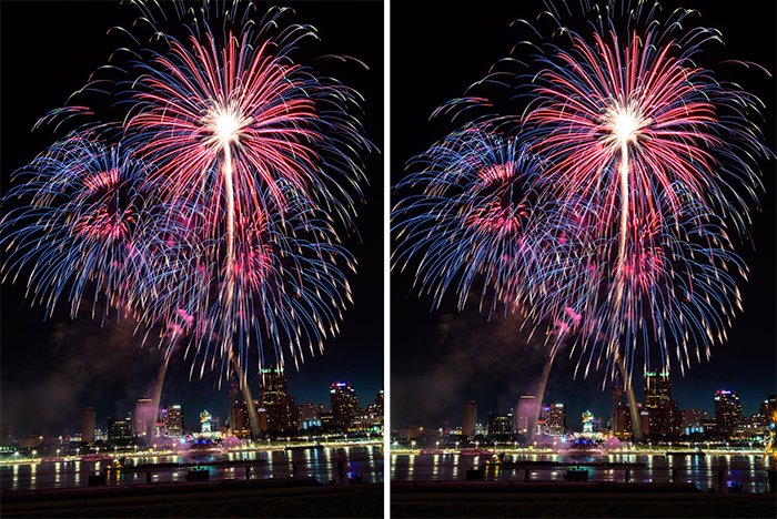 A diptych of a fireworks display before and after editing 
