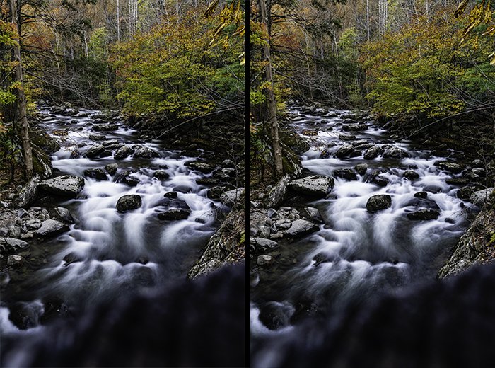 Diptych of a flowing waterfall comparing different exposure times