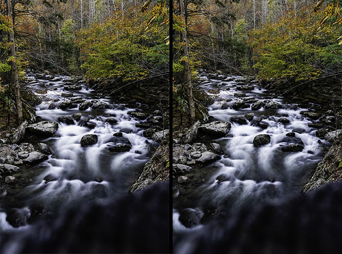 Diptych of a flowing waterfall comparing different exposure times