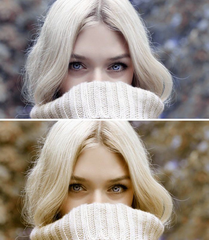 A diptych of a blond fashion model before after using split toning in Lightroom
