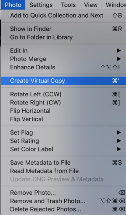 Screenshot of Lightroom virtual copy option 