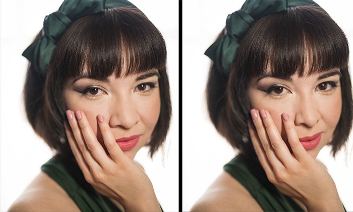 Two portraits of the same model before and after editing in Photoshop