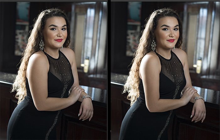Diptych portrait of a female model before and after editing with the Photoshop Liquify tool