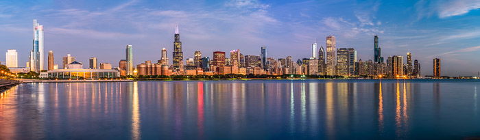 10-image panorama of the Chicago skyline.