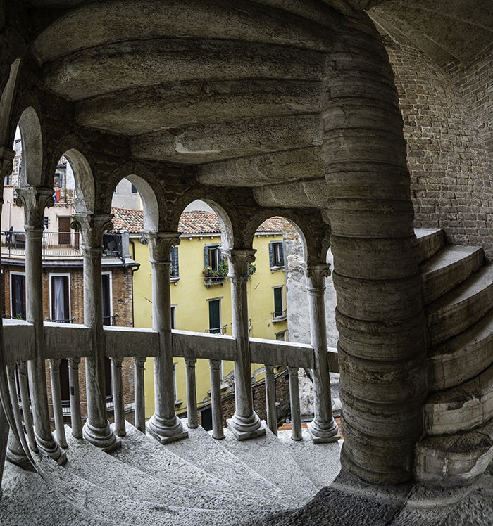 Fisheye panorama of a stone stairwell