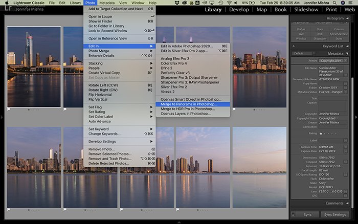 显示从Lightroom在Photoshop中合并全景图的过程的截图。