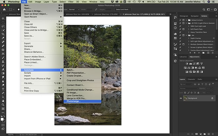 Screenshot showing the procedure for opening the Photomerge window in Photoshop.