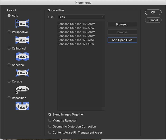 Screenshot of the Photomerge window in Photoshop showing panorama options.