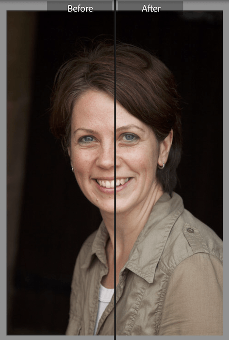 A Lightroom screenshot showing a before-and-after image of a woman's portrait with white balance adjusted