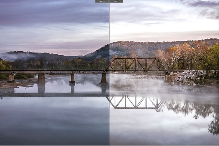Split image showing before and after editing with Summertime lightroom presets on a landscape photo