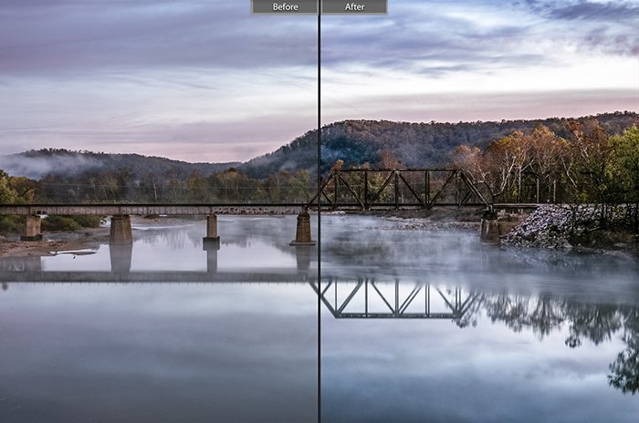 Split image showing before and after ediitng with Wanderlust lightroom presets for landscape photos