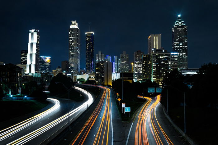 A sprawling cityscape at night