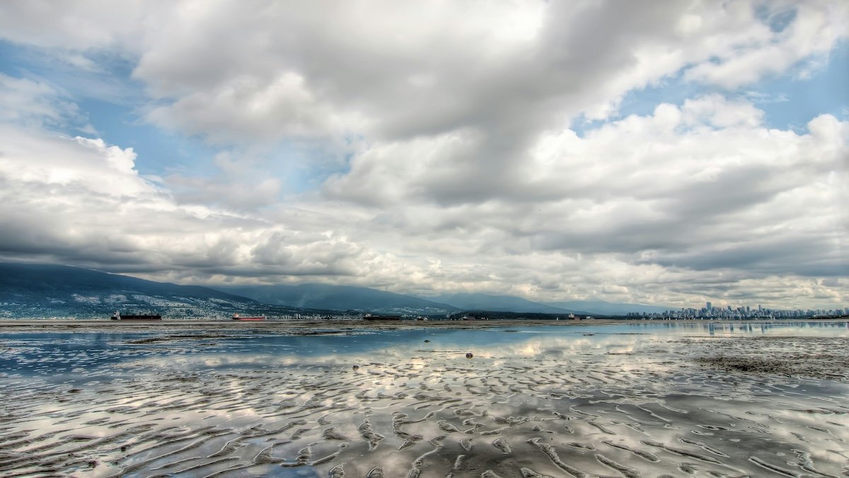 Slightly overcast landscape photo with beach and clouds
