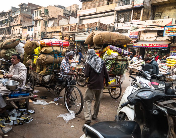 A busy street in the spice market of Delhi, India.