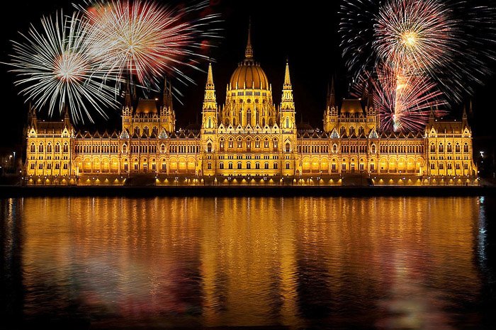 Fireworks exploding over the Hungarian parliament building in Budapest