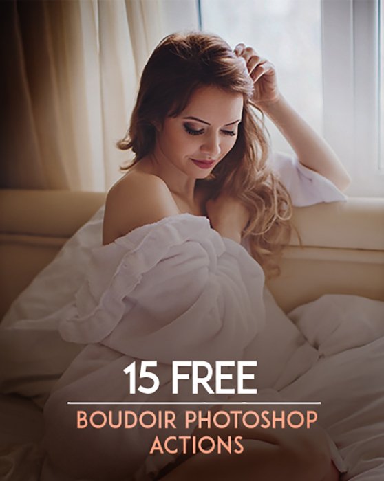 A screenshot of a free boudoir Photoshop action graphic with a woman sitting in a bathrobe