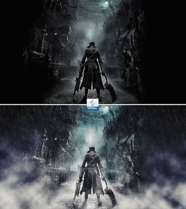 Diptych fantasy portrait before and after using Photoshop Action - Cinematic Rain Effects