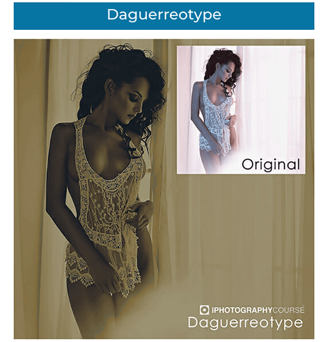 A before-and-after boudoir image showing the effect of a Daguerrotype Photoshop action