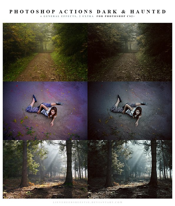 A screenshot of before-and-after landscape and portrait photos with free Dark and Haunted Photoshop actions applied