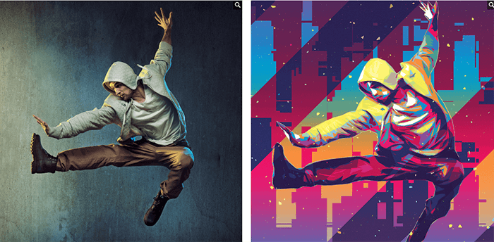 A before-and-after image of a dancer jumping with a stylized, colorful graphic design effect BlackNull added to it