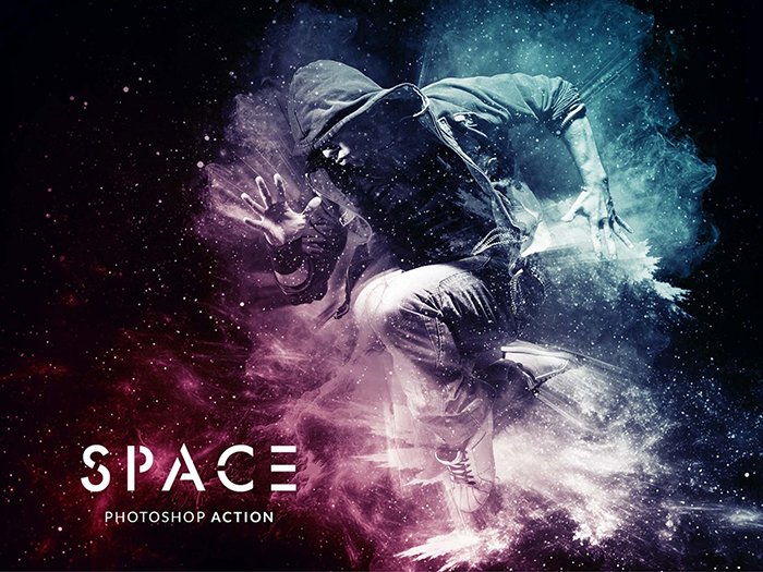Screenshot of a space Photoshop Effect action graphic of a hooded figure running in outer space
