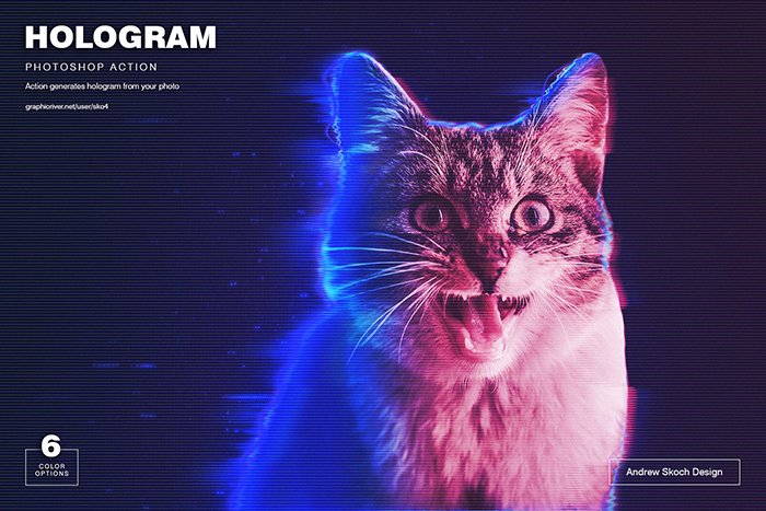 Screenshot of a hologram Photoshop action graphic with a cat