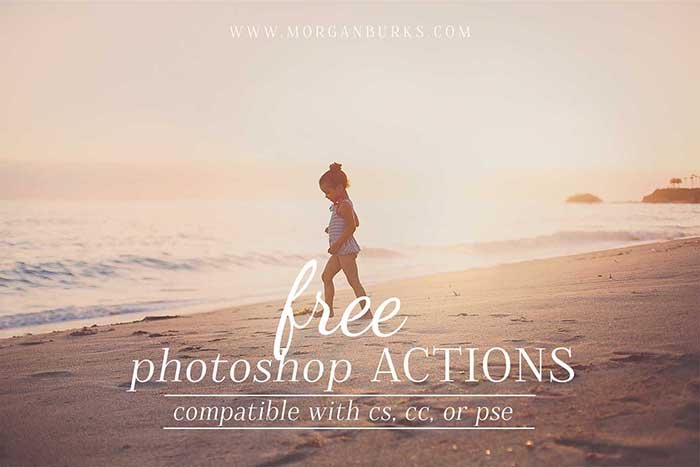 Screenshot of a Photoshop action website with a child walking on a sunny beach by the ocean