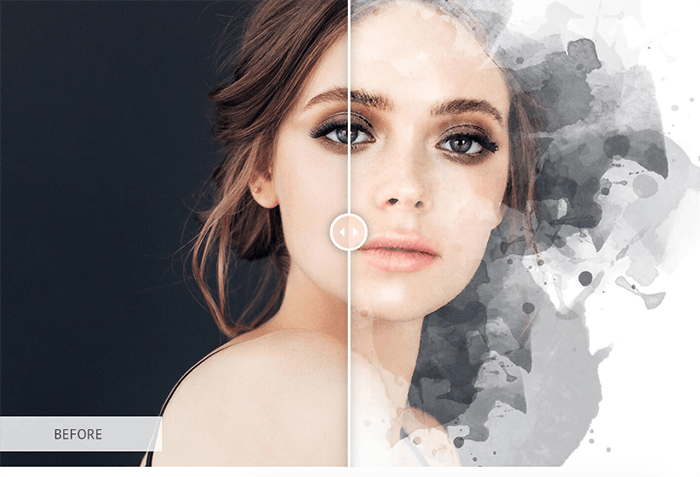 A before and after screenshot of a woman's fashion headshot with a watercolor Photoshop action added to it