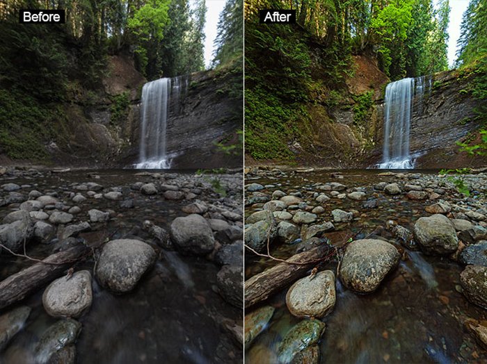 Waterfall diptych photo showing before and after editing with Free Photoshop Actions – Forest Waterfalls LITE