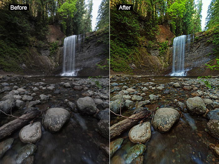 Foto de díptico de cascada que muestra antes y después de la edición con acciones gratuitas de Photoshop – Forest Waterfalls LITE