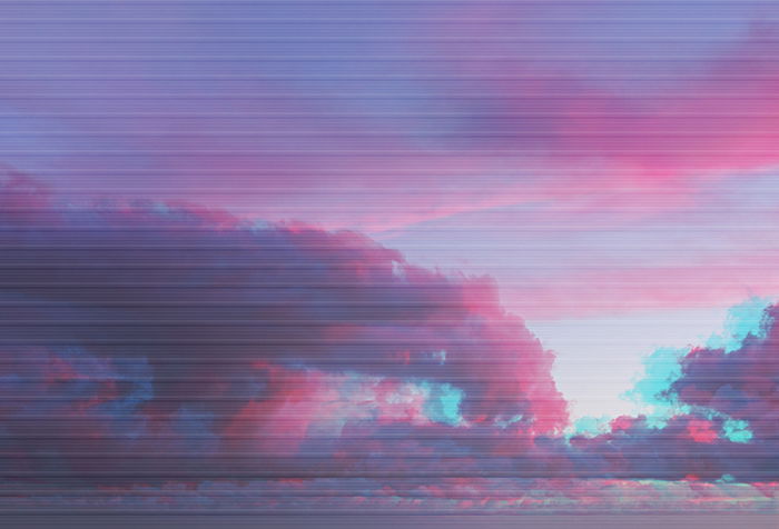 Clouds with glitch watercolor ultraviolet effect.