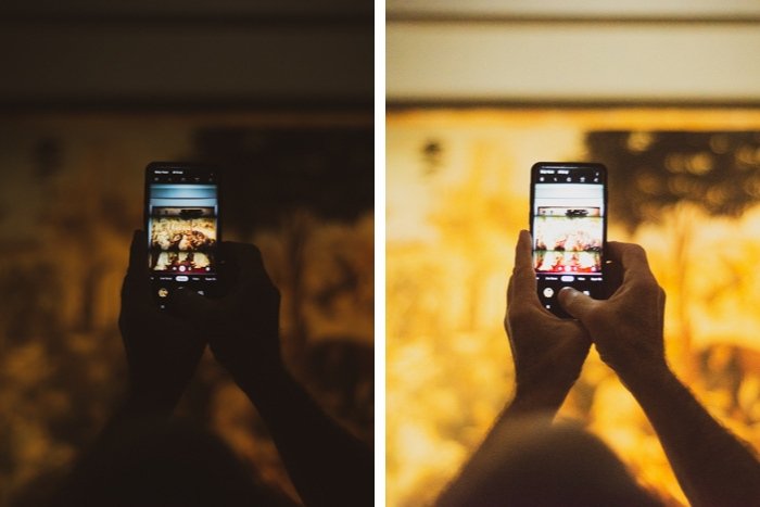 diptych of a person using a smartphone at different iso invariance