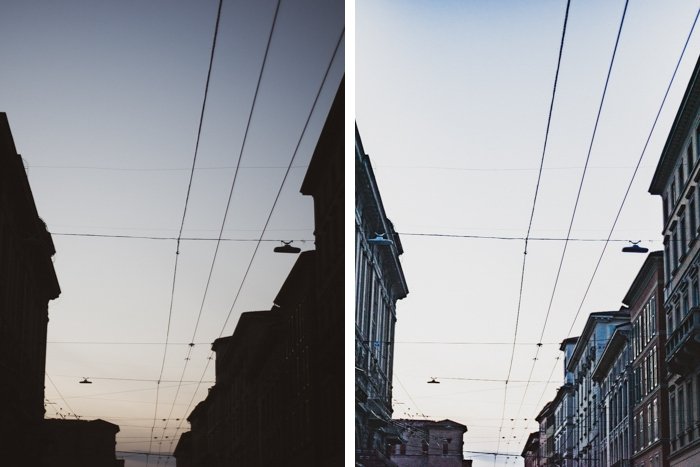 Diptych street photo showing effects of ISO invariance 