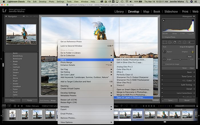 Lightroom screenshot showing the process of opening multiple images as layers in Photoshop.