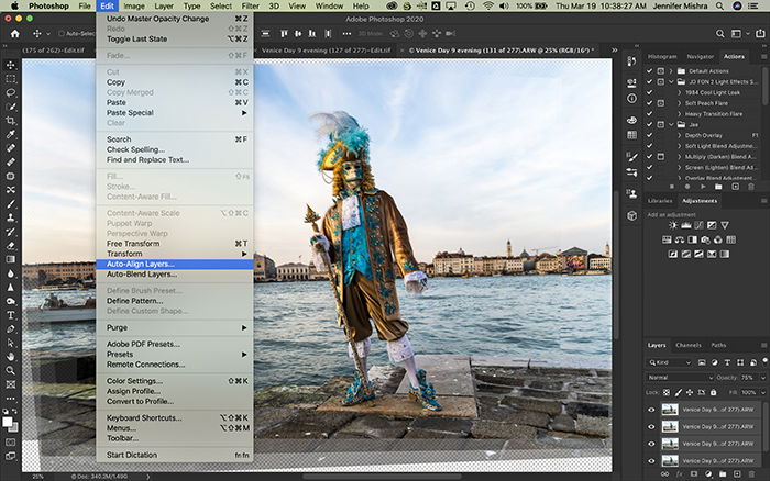 Photoshop screenshot showing the process of auto-aligning layers.