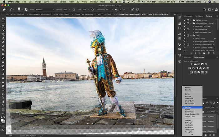 Photoshop screenshot showing the process of applying a lighten blend mode.