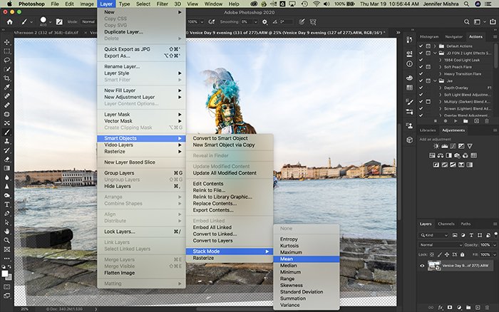 Photoshop screenshot showing the process of blending smart object in stack mode.