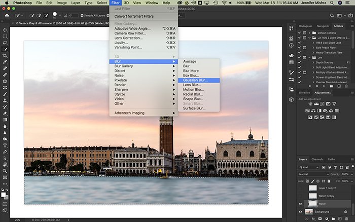 Photoshop screenshot showing water selected on a new layer and applying 10.0 pixels of gaussian blur.