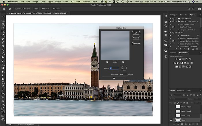 Photoshop screenshot showing water selected on a new layer and applying 201 pixels of motion blur at an 8 degree angle.