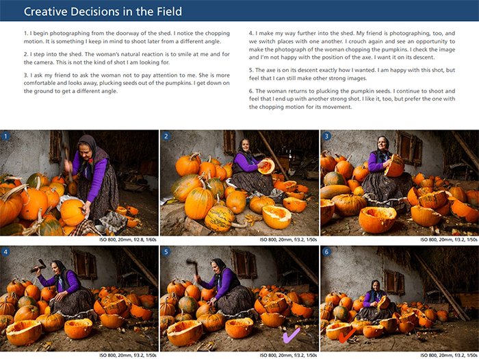 Screenshot image of a woman hacking up pumpkins outdoors from Photzy's 'Powerful Imagery' eBook 