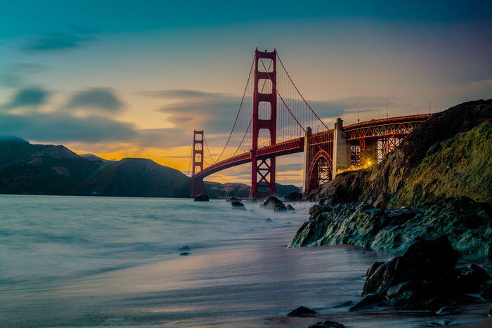 A large red bridge