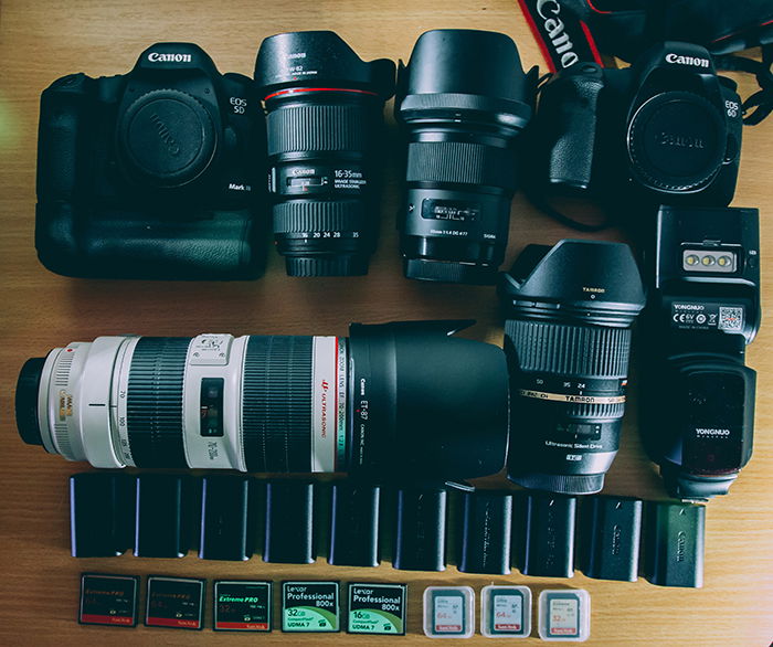 An overhead shot of camera equipment