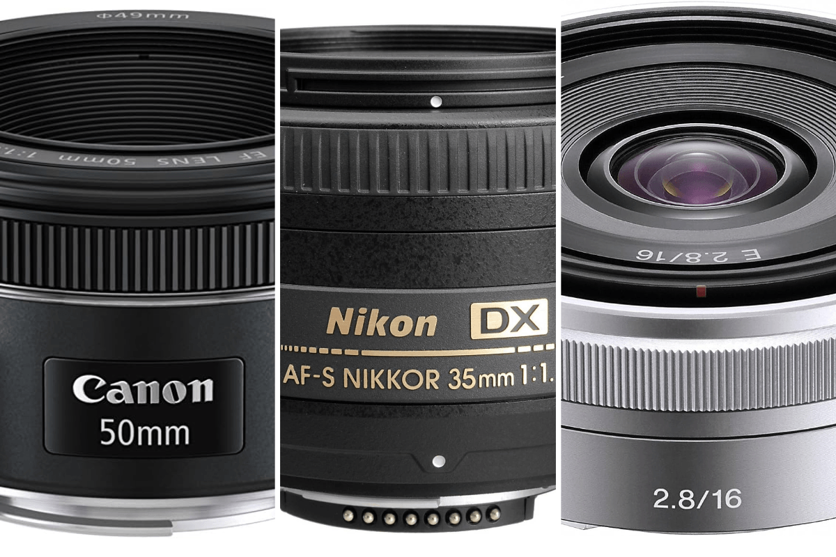 A closeup of Canon, Nikon, and Sony prime lenses to take sharp photos