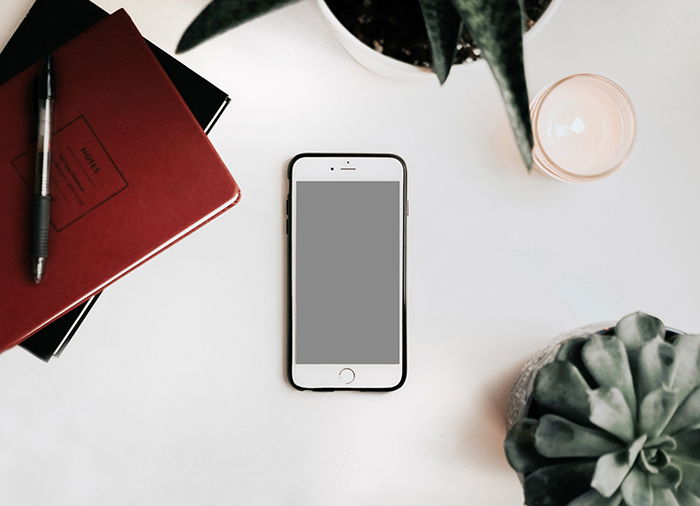 Flatlay of a mobile phone, stationary and potted plants on a desk