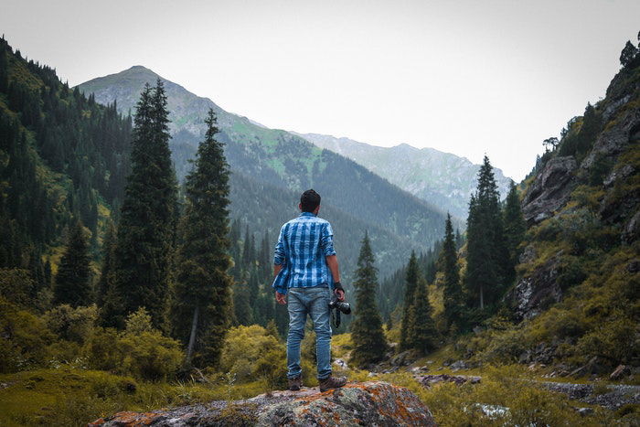 A wildlife photographer stands in the wilderness