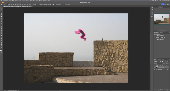 Photoshop screenshot showing a pink highlighted person jumping