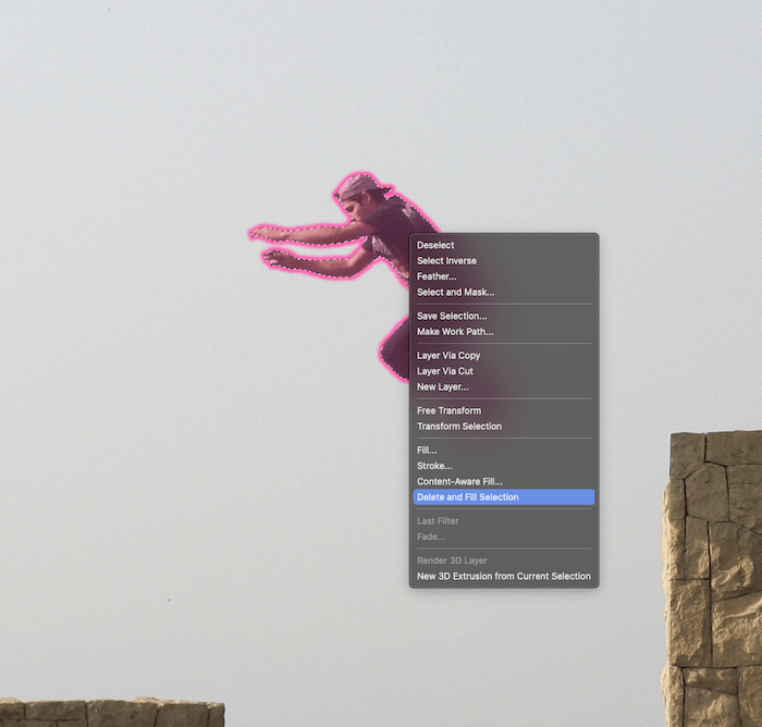 Screenshot of Photoshop menu with Delete and Fill Selection option