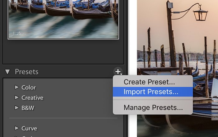 Screenshot of Lightroom Classic showing the location of Import Preset.
