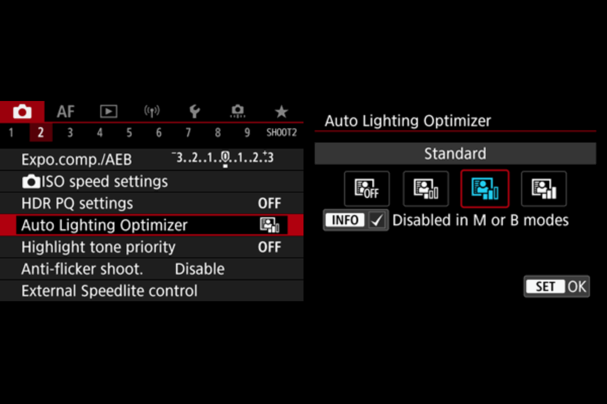 Auto Lighting Optimizer setting menu and controls on a Canon EOS R6