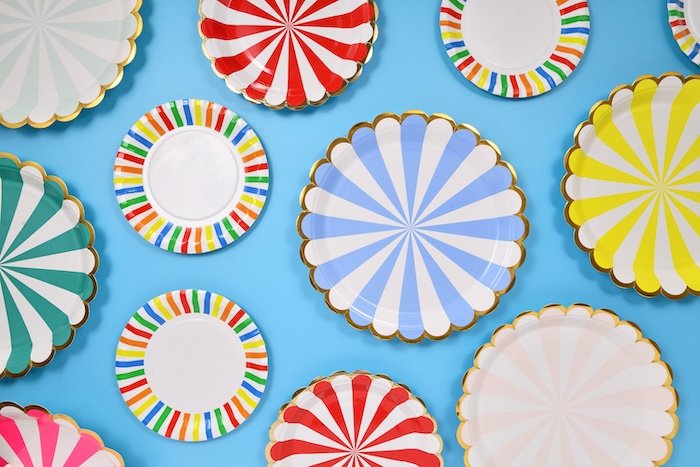 DIY photo backdrop of colorful striped paper plates